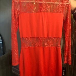 Bebe Vibrant Red Lace Long Sleeve Dress